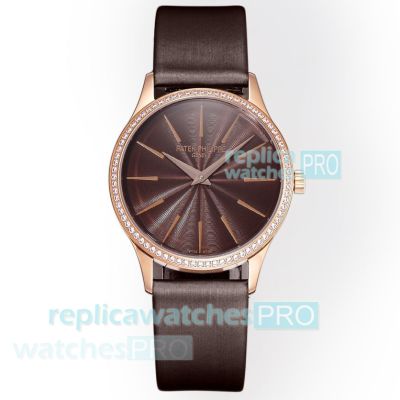 Swiss Replica Patek Philippe Calatrava 35mm Rose Gold Diamond Watch with Chocolate Dial 
